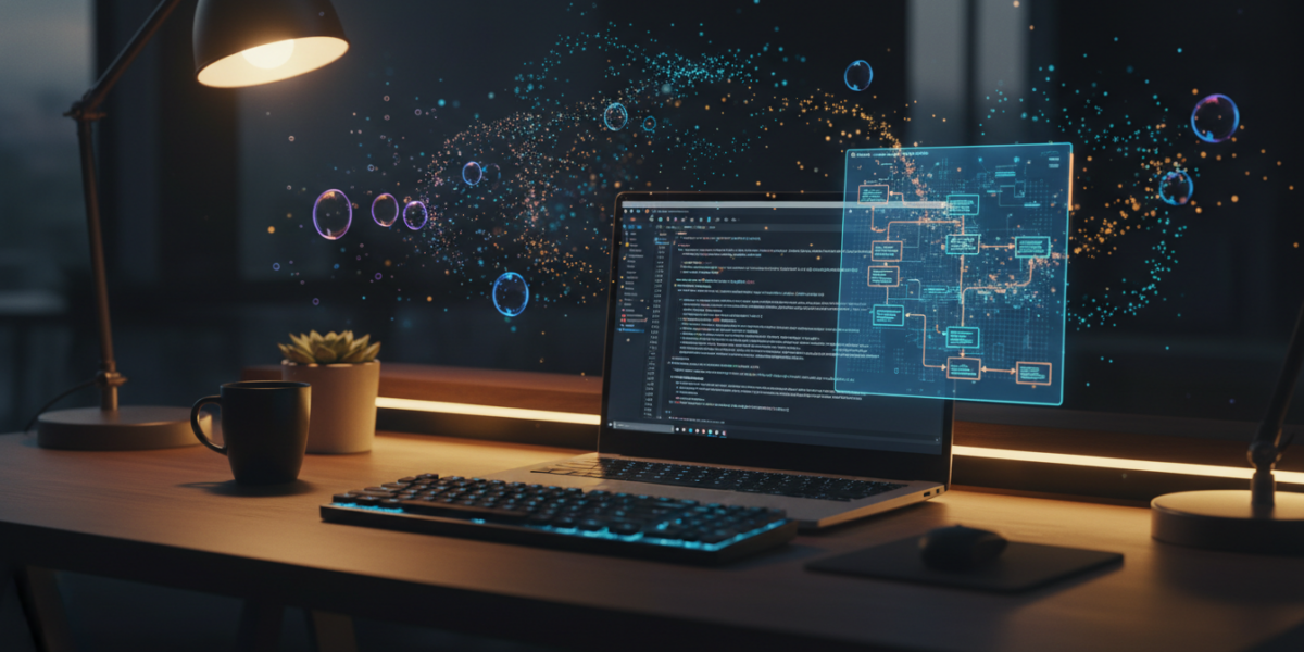 Developer using Modo AI coding IDE showing spec-driven planning interface on a laptop at a minimalist workspace.