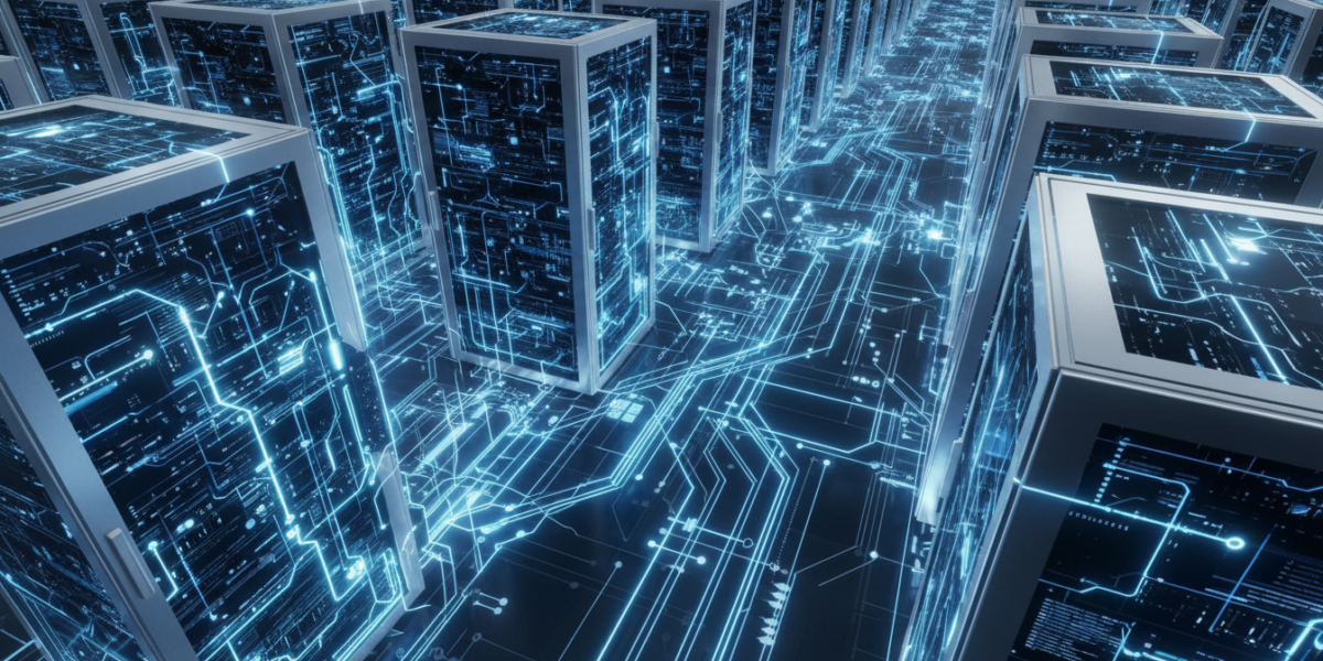 Abstract representation of AI data center infrastructure and computational growth