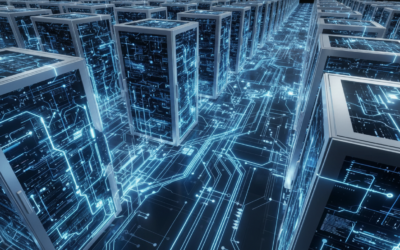 Abstract representation of AI data center infrastructure and computational growth