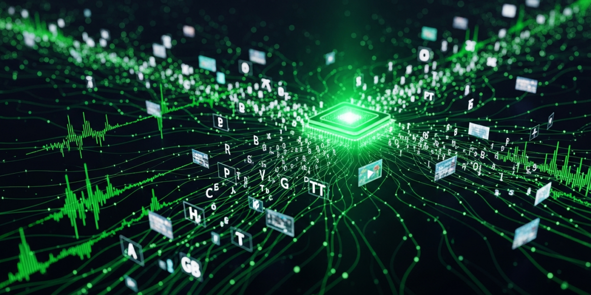 An abstract visual representing multimodal AI processing audio, text, video, and images, with glowing neural network lines in green and black.