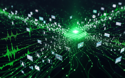 An abstract visual representing multimodal AI processing audio, text, video, and images, with glowing neural network lines in green and black.