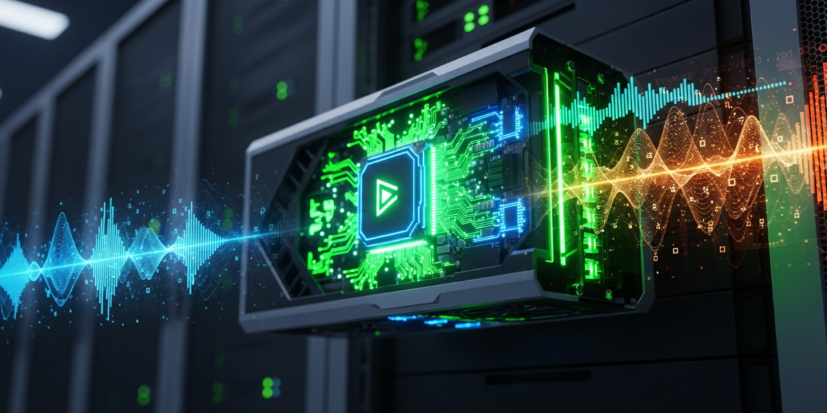 An NVIDIA GPU with glowing circuits processing multimodal data streams within a server rack, symbolizing advanced AI inference.
