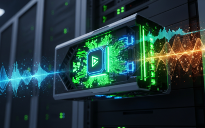 An NVIDIA GPU with glowing circuits processing multimodal data streams within a server rack, symbolizing advanced AI inference.