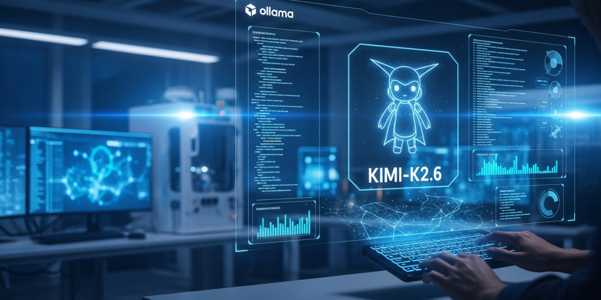 A stylized Kimi-K2.6 model icon on a digital interface in a modern research lab, representing the Ollama v0.21.1-rc1 release.