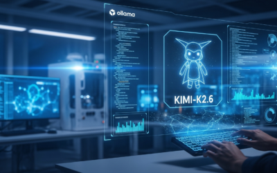 A stylized Kimi-K2.6 model icon on a digital interface in a modern research lab, representing the Ollama v0.21.1-rc1 release.