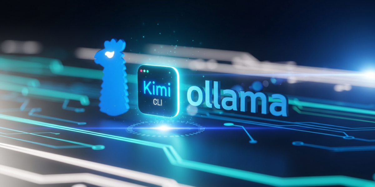 A stylized Kimi CLI icon integrated into the Ollama logo, surrounded by abstract digital data flows, representing the v0.21.1 release.