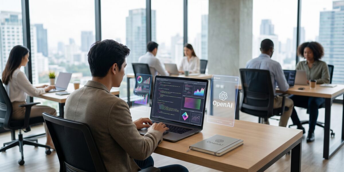 Developer using OpenAI's AI tools on a laptop in a modern workspace