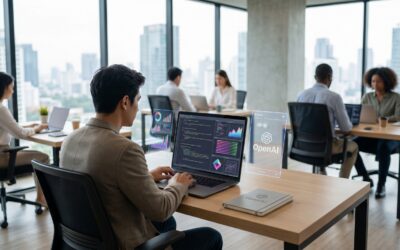 Developer using OpenAI's AI tools on a laptop in a modern workspace