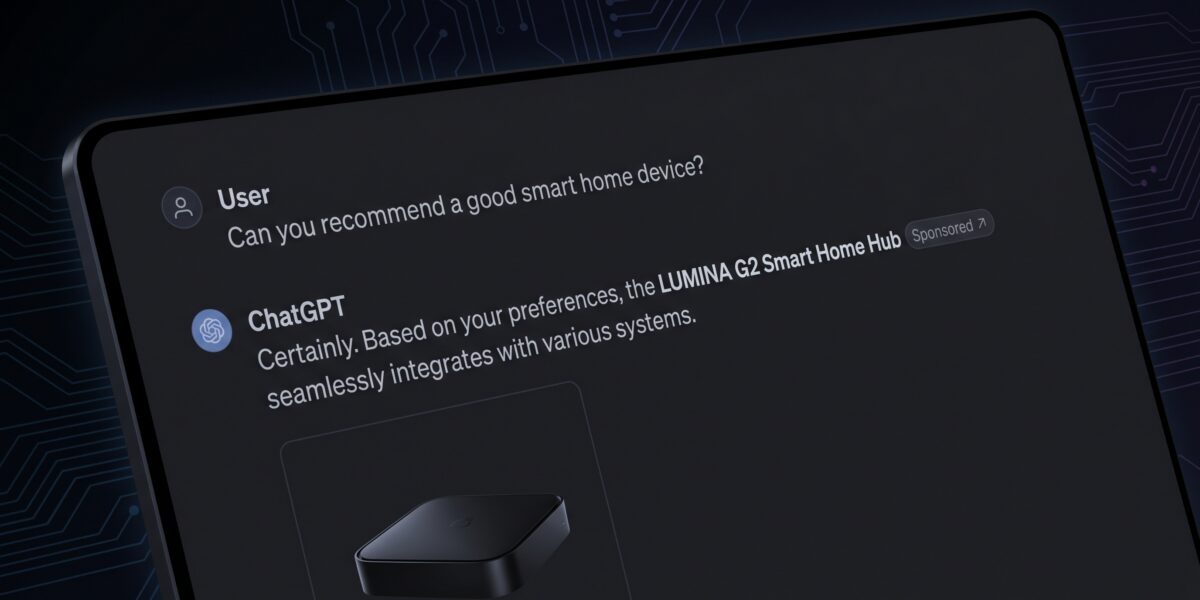 Conceptual close-up of ChatGPT's interface showing an in-conversation sponsored product recommendation.