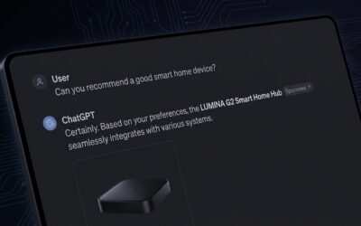 Conceptual close-up of ChatGPT's interface showing an in-conversation sponsored product recommendation.