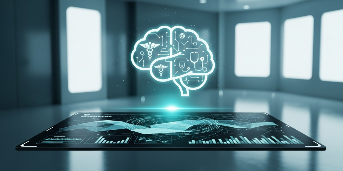 A glowing brain icon with medical symbols floats over a digital interface displaying medical data in a futuristic medical setting.