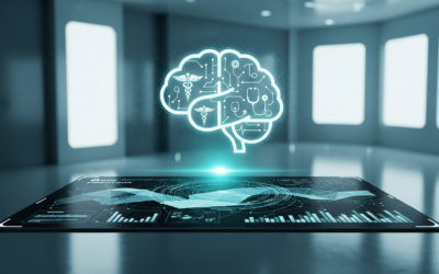 A glowing brain icon with medical symbols floats over a digital interface displaying medical data in a futuristic medical setting.