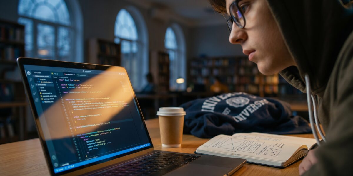 A student using a modern laptop displaying code, illuminated by the screen, with a coffee cup and notebook on a desk in a tech-focused learning environment.