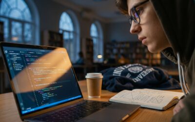 A student using a modern laptop displaying code, illuminated by the screen, with a coffee cup and notebook on a desk in a tech-focused learning environment.