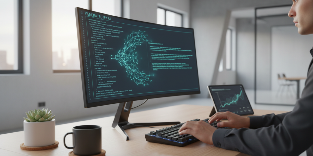 Developer using AI coding tools in a modern workspace with code visible on screen