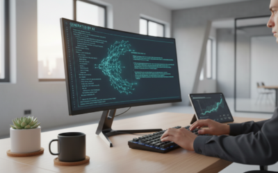 Developer using AI coding tools in a modern workspace with code visible on screen