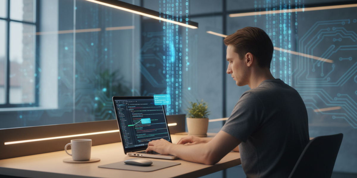 Developer using AI coding assistant with code suggestions on screen