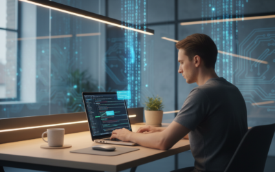 Developer using AI coding assistant with code suggestions on screen