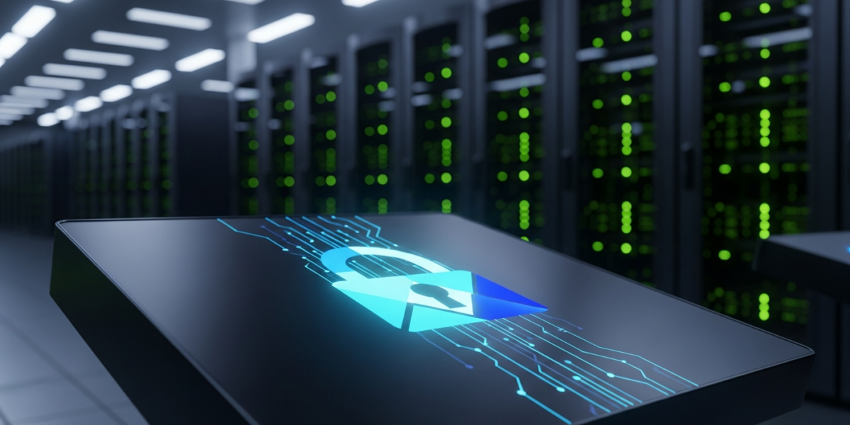 A digital lock icon with the OpenAI logo, set within a secure, futuristic government data center, symbolizing FedRAMP Moderate authorization.