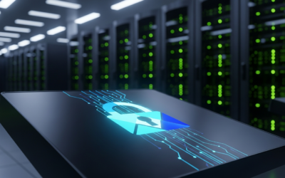 A digital lock icon with the OpenAI logo, set within a secure, futuristic government data center, symbolizing FedRAMP Moderate authorization.