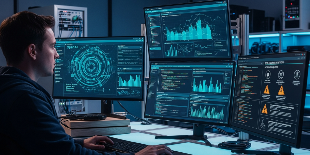 Cybersecurity researcher analyzing AI safety protocols on multiple monitors in a modern technical laboratory setting