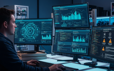 Cybersecurity researcher analyzing AI safety protocols on multiple monitors in a modern technical laboratory setting