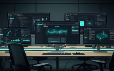 Modern workspace displaying GPT-5.5 AI interface on multiple screens with OpenAI branding elements