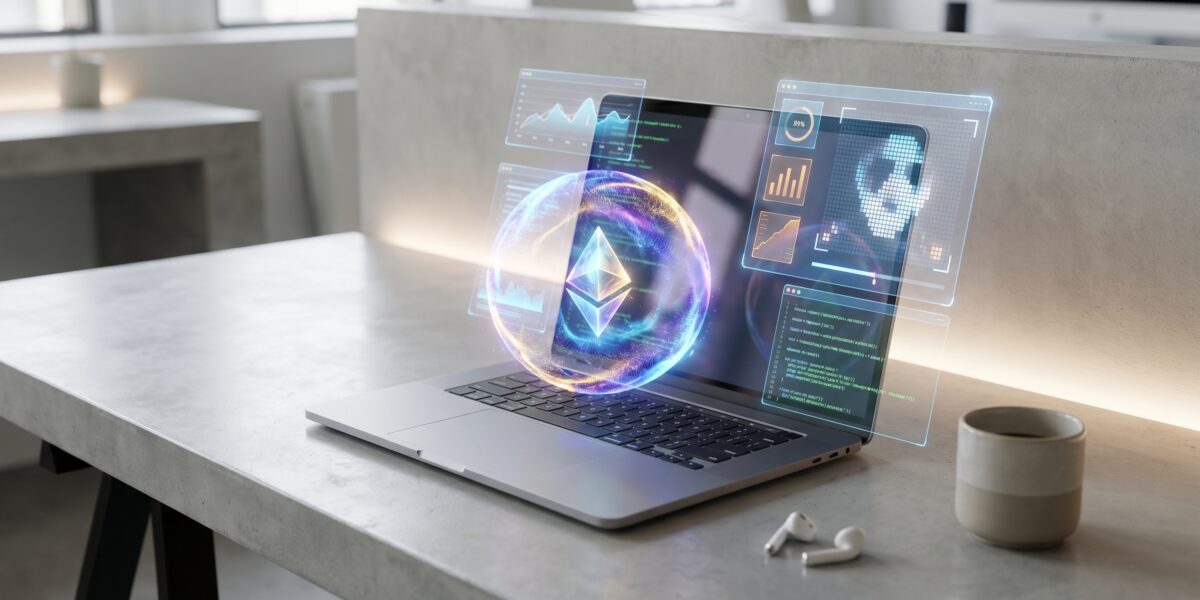 Abstract AI agent core hovering over a laptop, with a futuristic UI overlay visualizing code, data, and image generation.