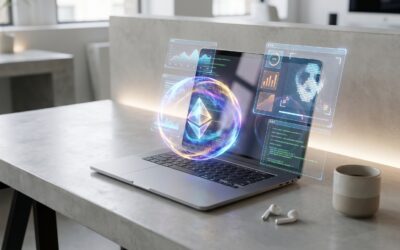 Abstract AI agent core hovering over a laptop, with a futuristic UI overlay visualizing code, data, and image generation.