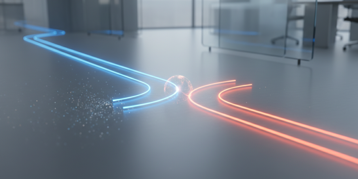 Abstract concept of a strategic pivot in AI, showing a forking digital path.