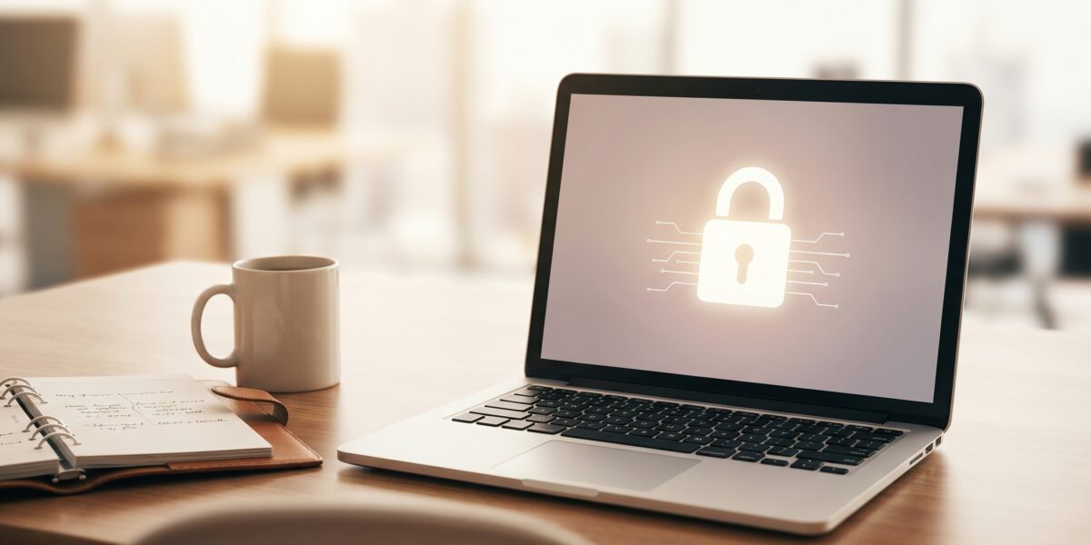 A modern laptop on a desk representing on-device AI processing and data security.