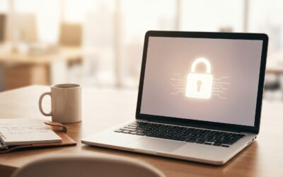 A modern laptop on a desk representing on-device AI processing and data security.