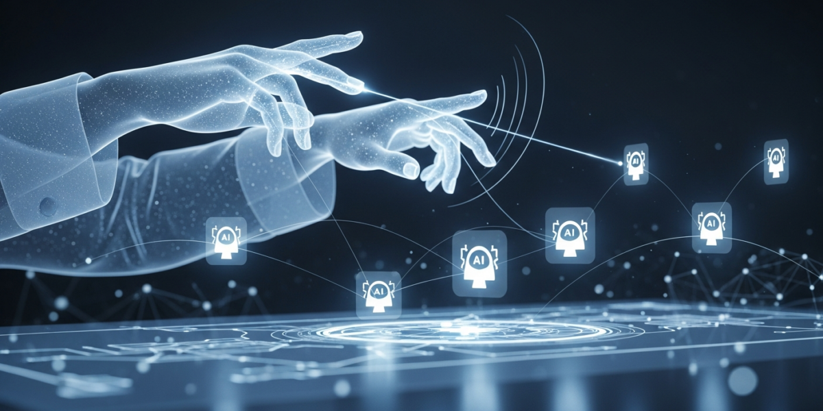 Abstract image of hands conducting AI agents on a digital interface, representing OpenAI's Symphony orchestration.