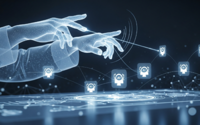 Abstract image of hands conducting AI agents on a digital interface, representing OpenAI's Symphony orchestration.