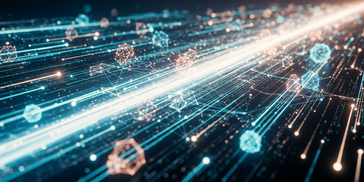 An abstract image showing fast data flow and interconnected AI agents within a digital network, highlighting efficiency and real-time communication.