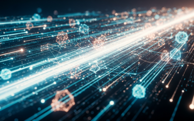 An abstract image showing fast data flow and interconnected AI agents within a digital network, highlighting efficiency and real-time communication.