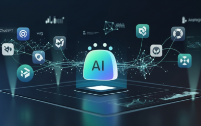 A stylized AI agent icon in a ChatGPT interface, surrounded by interconnected application logos, representing automated team workflows.