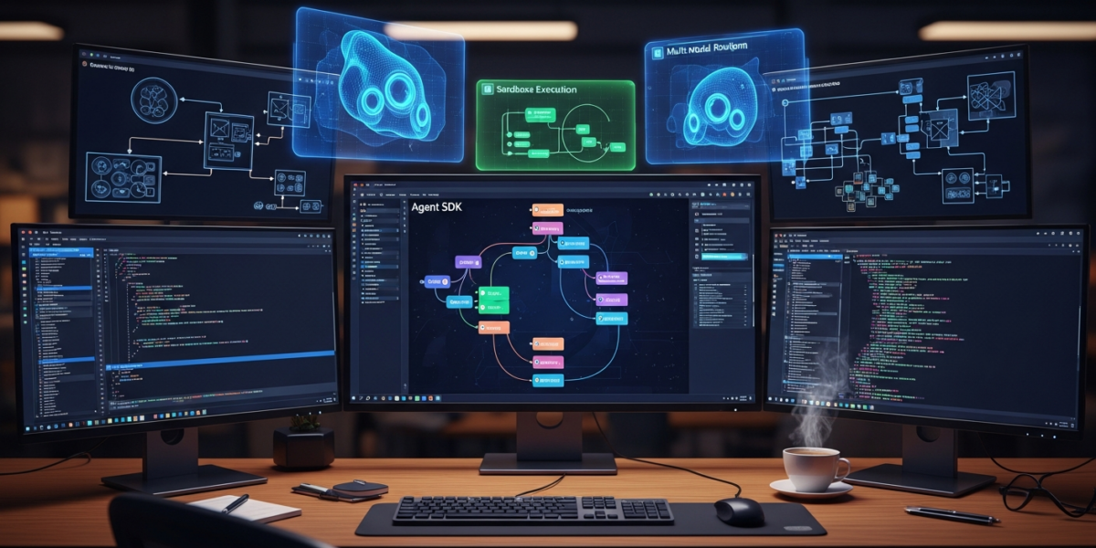 Modern development workspace showing OpenHands Software Agent SDK architecture with multiple monitors displaying code interfaces and agent systems