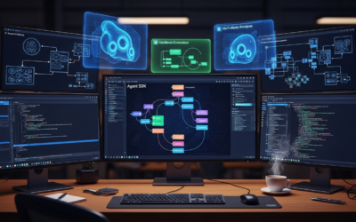 Modern development workspace showing OpenHands Software Agent SDK architecture with multiple monitors displaying code interfaces and agent systems