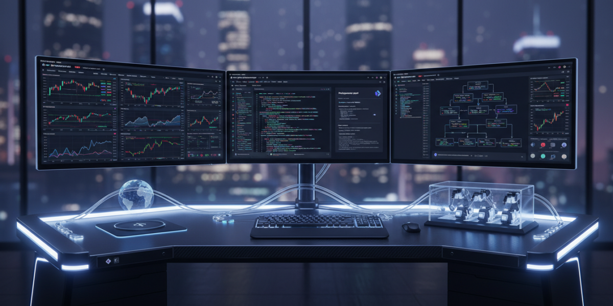 Professional trading desk setup with multiple monitors showing market data and code, representing Polymarket API automation