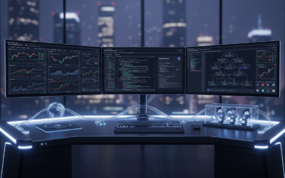 Professional trading desk setup with multiple monitors showing market data and code, representing Polymarket API automation