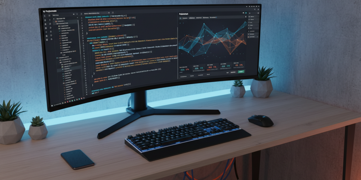 Developer workspace showing Polymarket CLOB API code and trading charts for prediction market automation