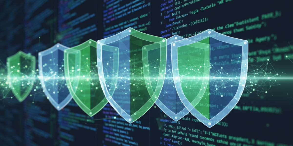Abstract representation of AI-powered cybersecurity protection with digital shields and neural network patterns