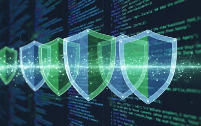 Abstract representation of AI-powered cybersecurity protection with digital shields and neural network patterns