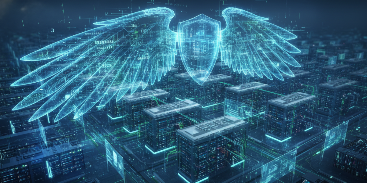 Abstract representation of Project Glasswing AI security: a glass-like wing of glowing code protecting a digital infrastructure network.