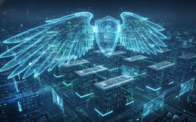 Abstract representation of Project Glasswing AI security: a glass-like wing of glowing code protecting a digital infrastructure network.