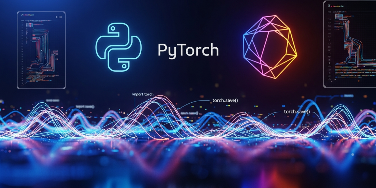 An abstract visualization of data serialization with glowing lines and Python code, representing PyTorch's new functools.partial serialization support.