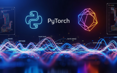 An abstract visualization of data serialization with glowing lines and Python code, representing PyTorch's new functools.partial serialization support.