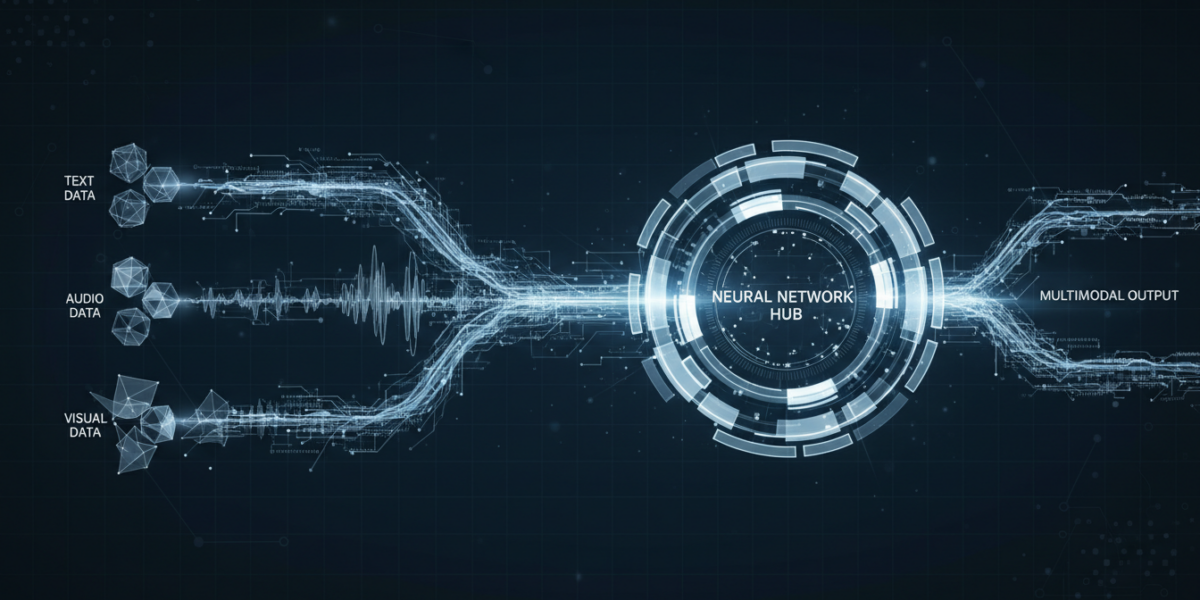 Abstract visualization of multimodal AI processing with interconnected data streams