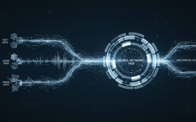 Abstract visualization of multimodal AI processing with interconnected data streams